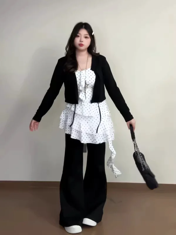 

plus Size Women's Vintage Polka Dot Asymmetrical Short Cardigan Set Spring Fashion Casual Wear Resistant Commute Style