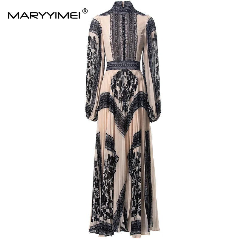 MARYYIMEI Autumn Winter Women Dress Stand collar Lantern Sleeved Vintage Print High waist Vintage Elegant Pleated S-4XL Dresses