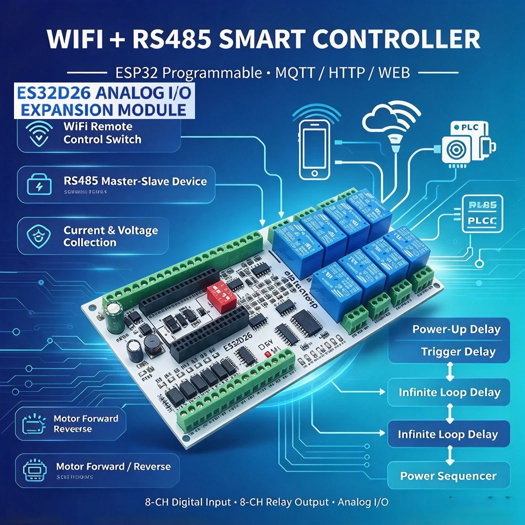 ESP32 Expansion Board WIFI PLC 8CH Opto Isolated NPN DI 8CH Relay 4-20mA 0-10V Analog IO RS485 for Industrial Automation Control