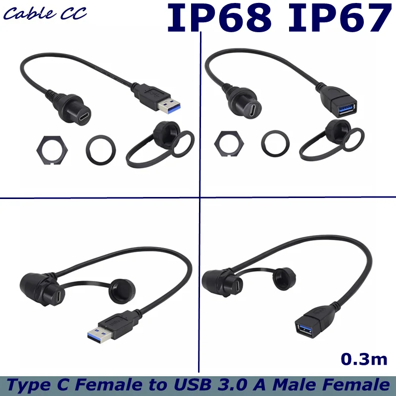 5Gbps USB C Type-C to USB 3.0 Male Female Threaded Flush Mount Waterproof Cable Adapter  Panel Mount Extension Cable
