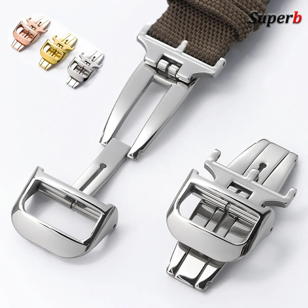 18mm for Jaeger Deployment Butterfly Buckle Watch Clasps for Silicone Cowhide Strap Folding Clasp Button Silver Rose Gold Steel