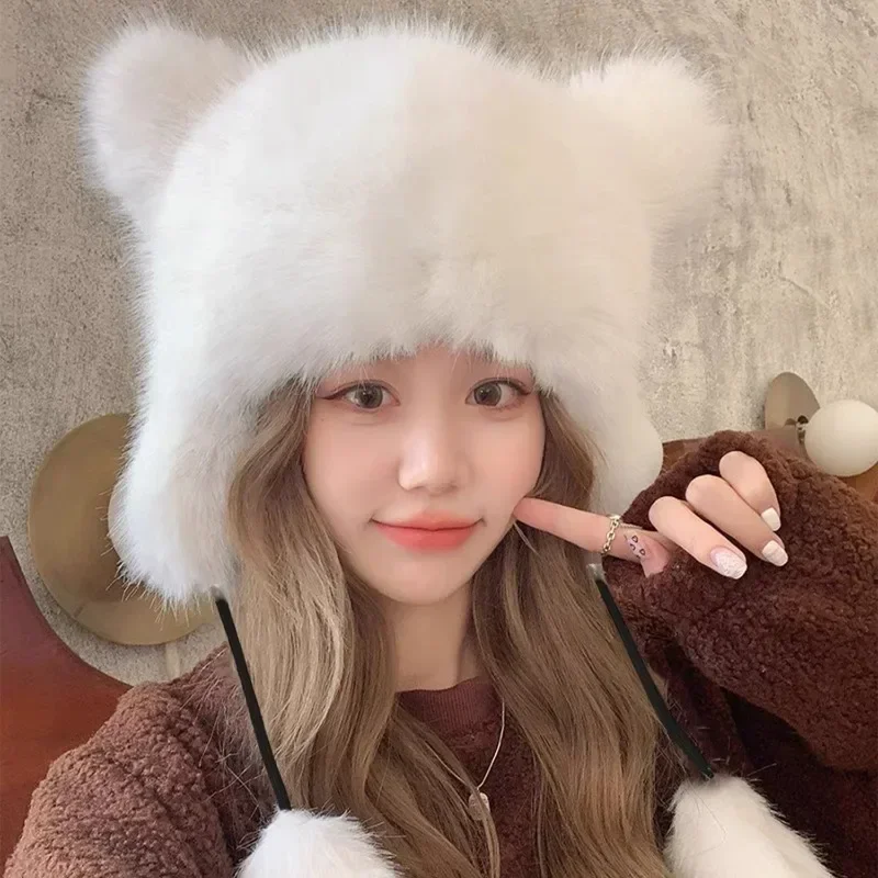 Kawaii Bear Tail Hats Winter Women Girls Thicken Warm Plush Caps Outdoor Soft Fluffy Ear Protection Hats Fashion Accessory Gifts