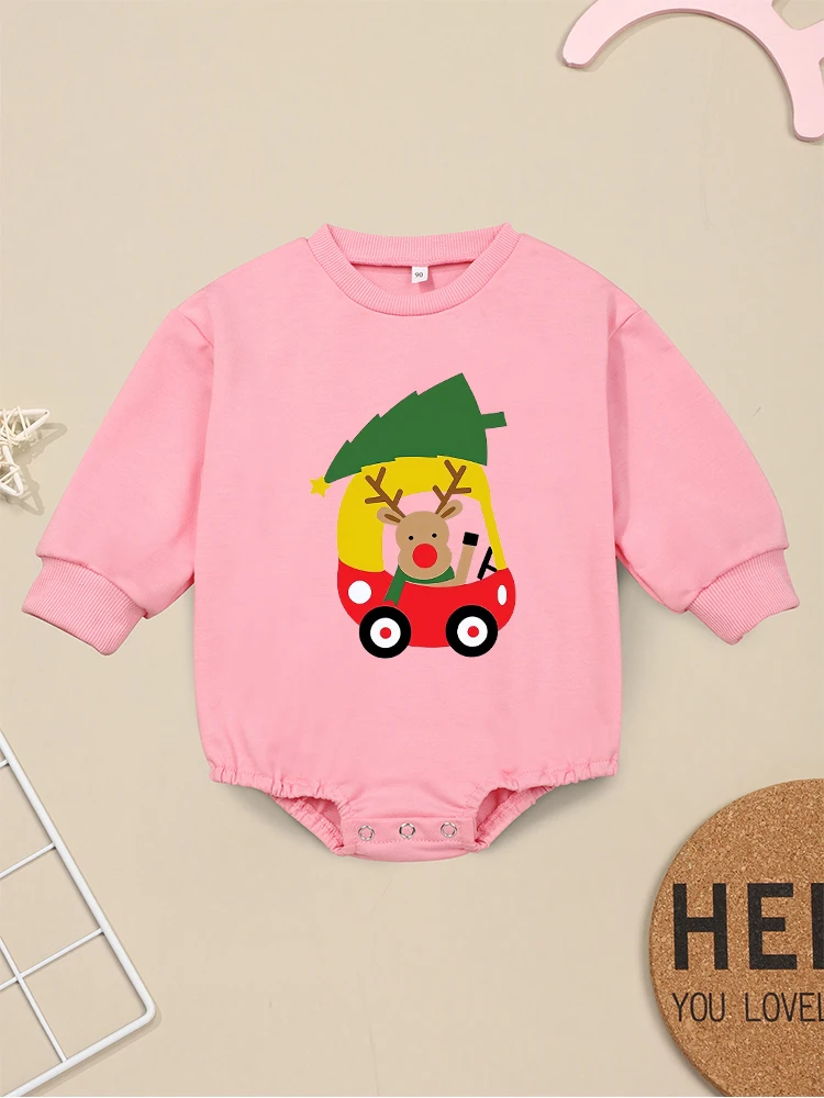 Christmas Tree Reindeer Little Car Cute Baby Girl Clothes Pink Sweatshirt Xmas Style Fashion Newborn Onesies Long Sleeve Romper