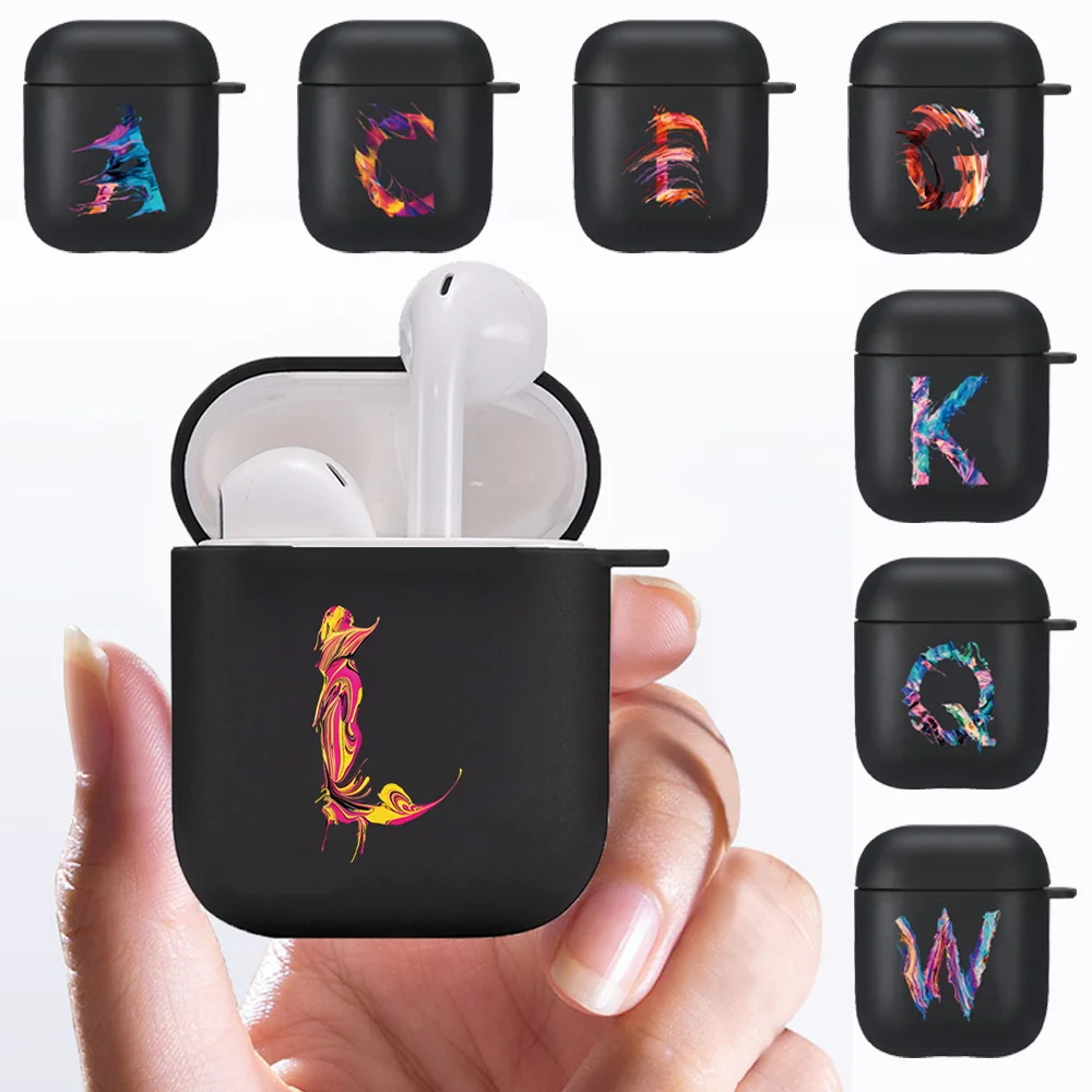 Painting 26 Letters Earphone Case for Apple Airpods 1 2 Soft Silicone Matte Black Cover Wireless Bluetooth Headset Accessories