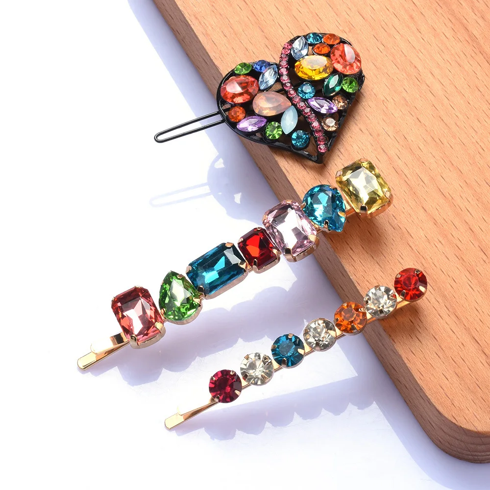 Luxury Hair Pin Jewelry Set Barrette Accessories Rainbow Gem Stone Crystal Rhinestone Heart Shaped Hair Clips for Women Girls