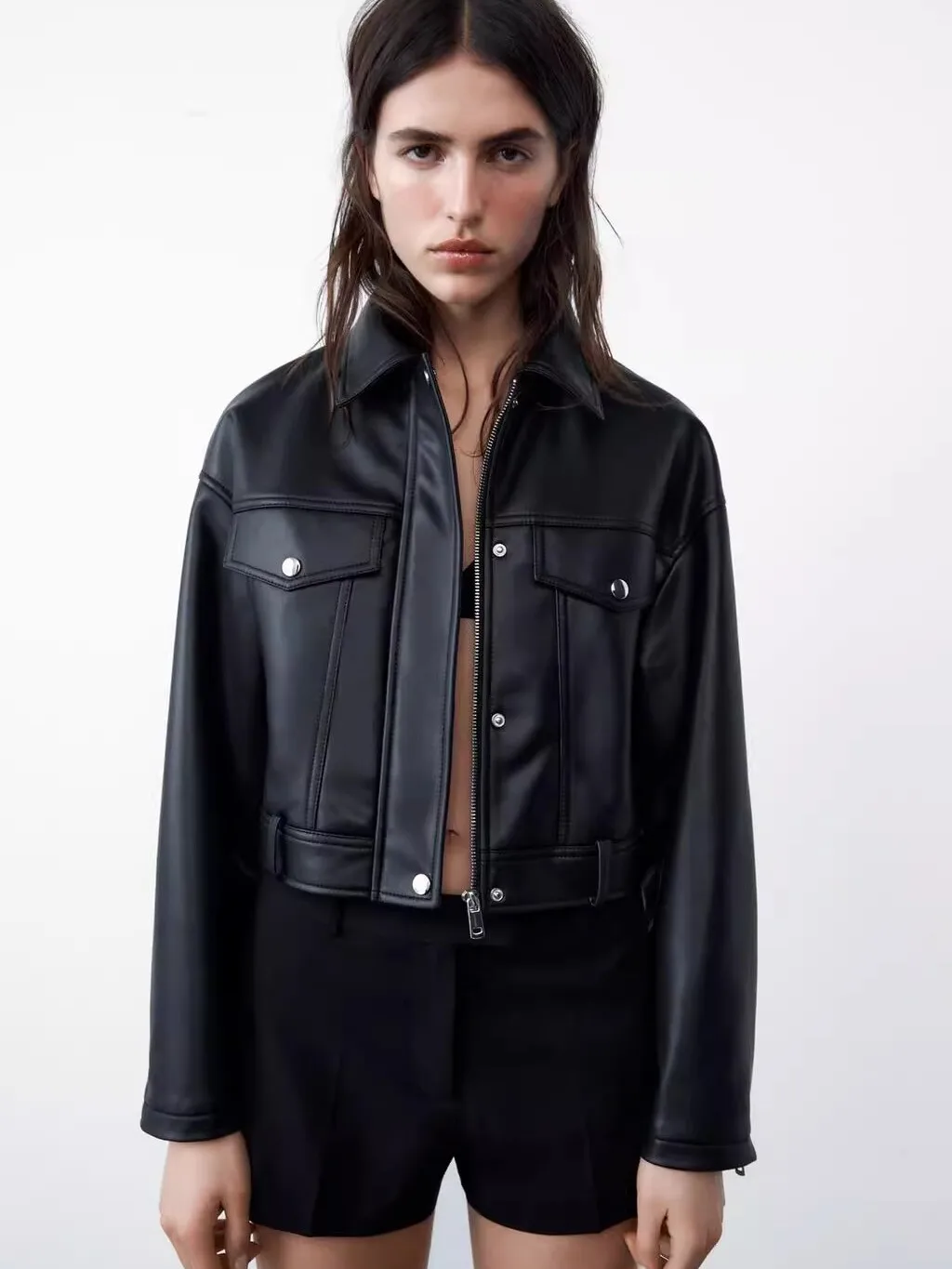 Printemps nouveauté femmes rétro Hong Kong Sle décontracté ort Jaet manteau en cuir 30037 800 respirant coupe ample fermeture éclair