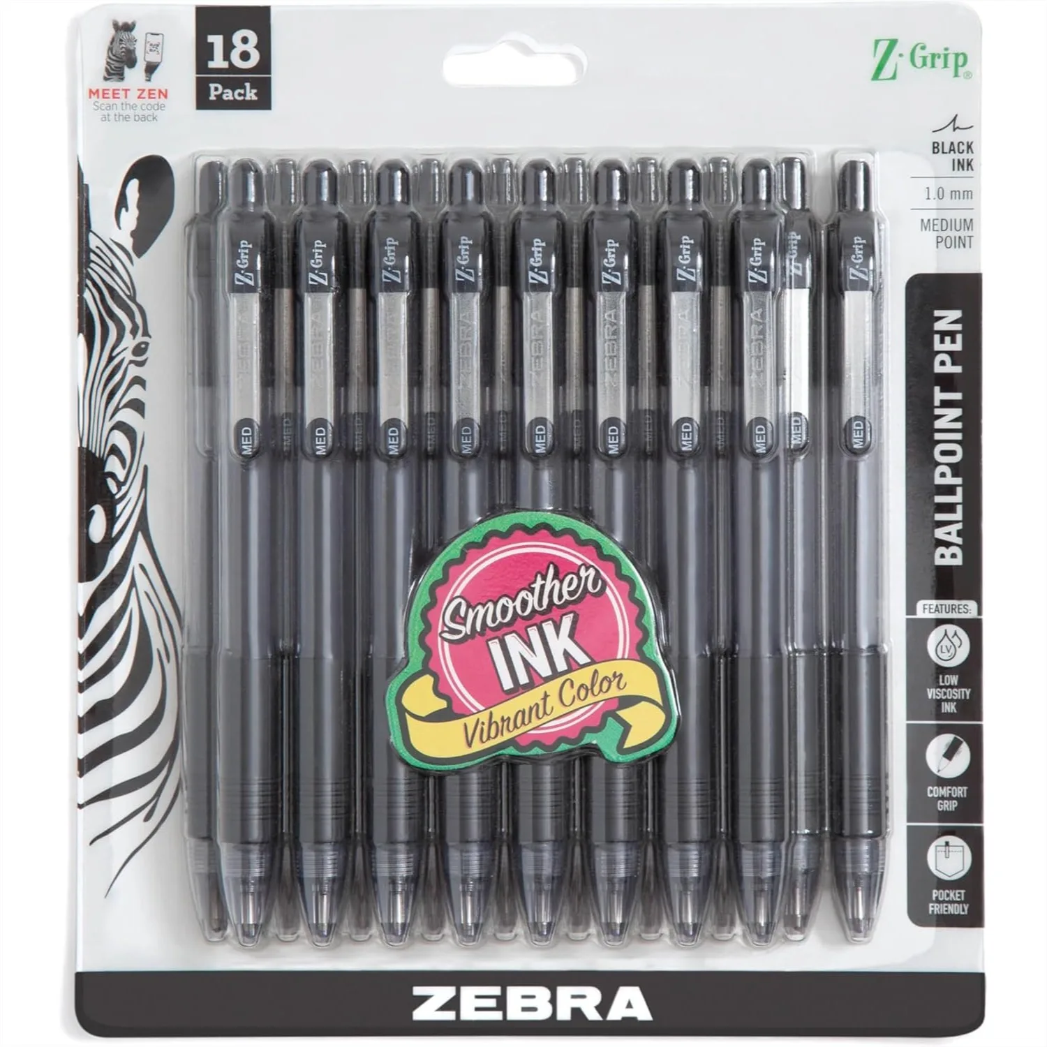 

Retractable Ballpoint Pens, 18-Pack, Smooth Black Ink 1.0mm Medium Point, Ergonomic Rubber Grip, for School Office Journaling