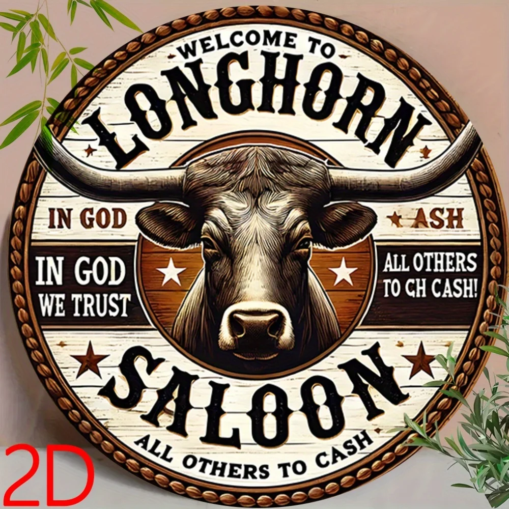 مسطح ثنائي الأبعاد - قطعة واحدة من لافتة القصدير المعدنية المستديرة مقاس 8 × 8 - فن روح رعاة البقر الطويلة، ديكور غربي ريفي مع "مرحبًا بكم في طويل #1