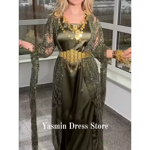 Green Beadings Prom Dress Watteau Train Evening Party Dresses Long Sleeves Saudi Arabia Women's Wedding Dress Customized