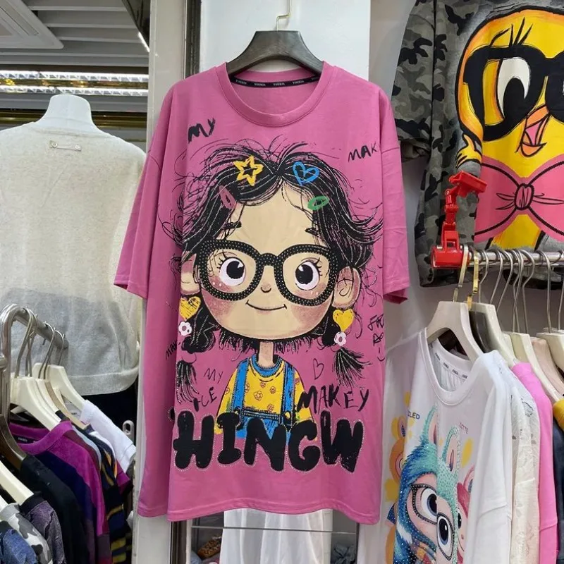 

Summer Super Large Size 2-150kg Loose and Thin Versatile Cartoon Glasses Girl Printed Short-sleeved T-shirt Women's Top Tide
