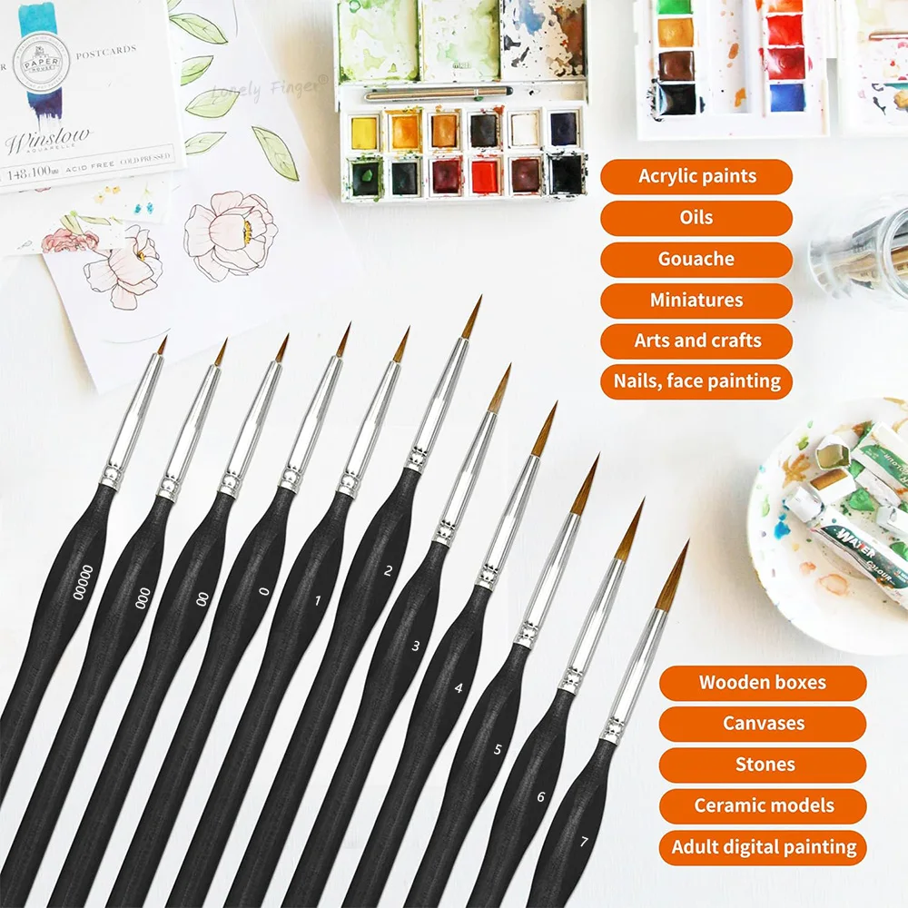 مجموعة فرش طلاء تفاصيل مكونة من 11 قطعة، مجموعة طلاء مصغرة للأكريليك والنماذج والألوان المائية والغواش، فرشاة طلاء شعر نايلون #6