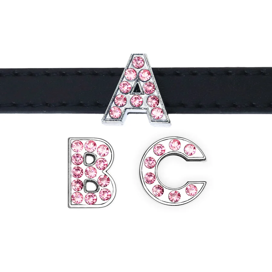 10PC/lot Hole 8MM Pink Rhinestones Slide Letter A--Z English Alphabet Fit For DIY Charms Keychains