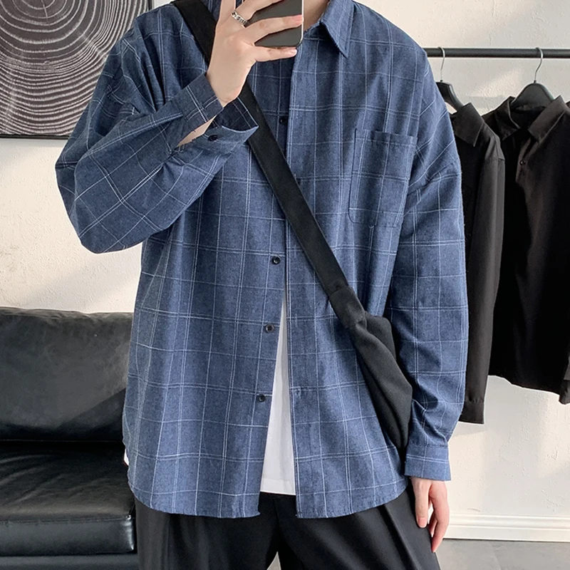

Men Summer Long Sleeve Plaid Shirt Japanese Fashion Versatile Lapel Pocket Black Coats Retro Casual Loose Single Breasted Tops