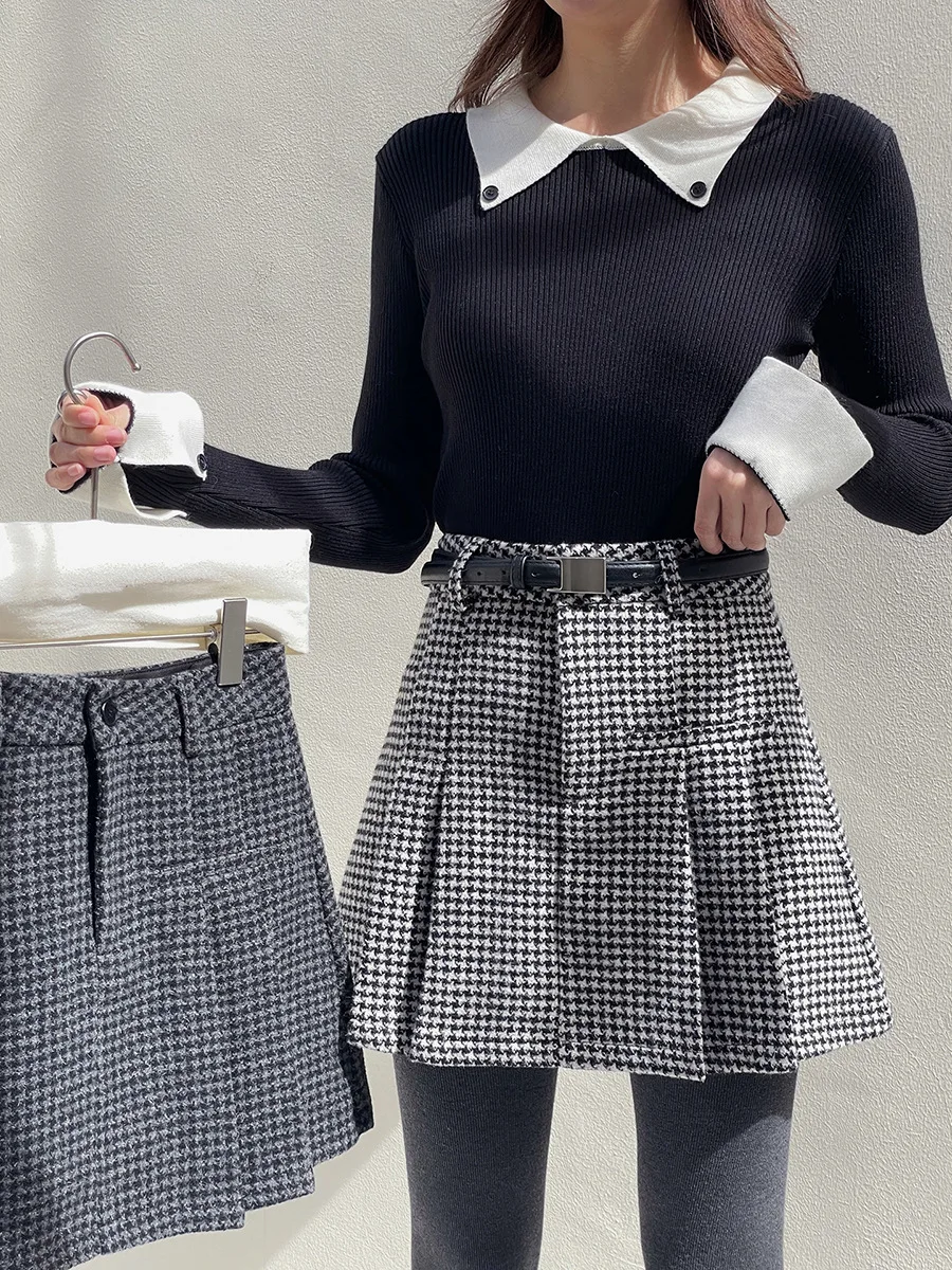 

Vintage Thousand Bird plaid pleated short skirt for women in winter, high waisted A-line skirt, mini skirt, elegant suit skirt