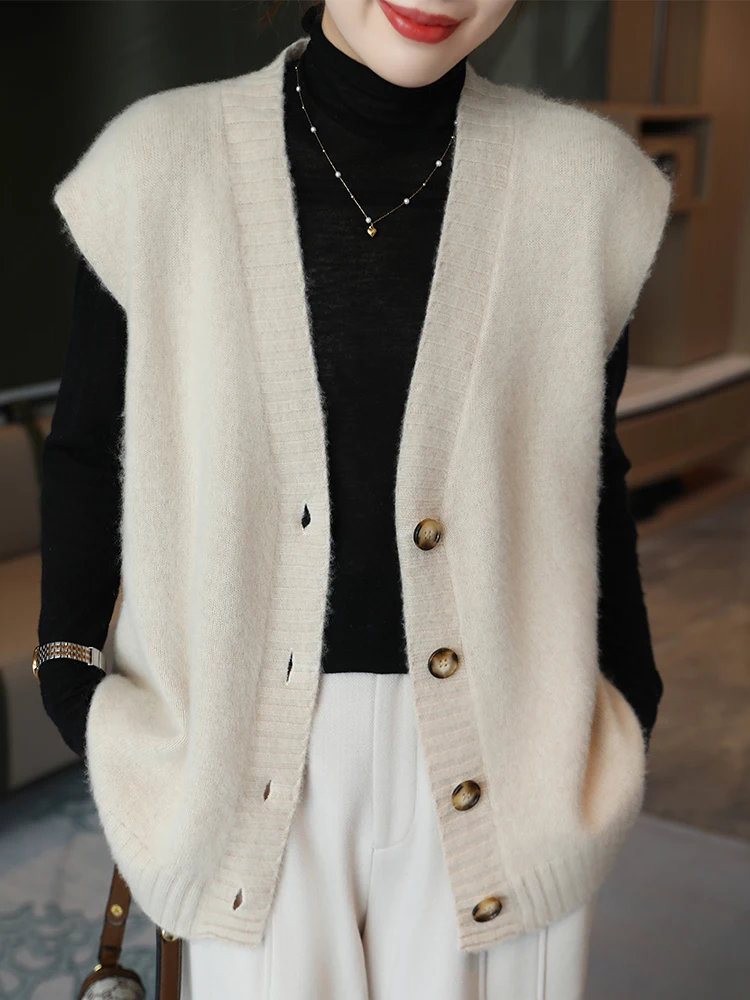

Elegant Autumn Winter Woman Sweater Vest Loose 100% Merino Wool Knitted Cardigan Ladies Sleeveless Clothing Tops Thick Outerwear