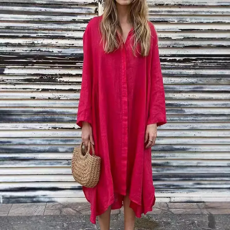 Women Summer Casual Maxi Dress Cotton and Linen Long Sleeve Loose Button Dress 2026 Fashion Oversized Irregular Bohemia Vestidos
