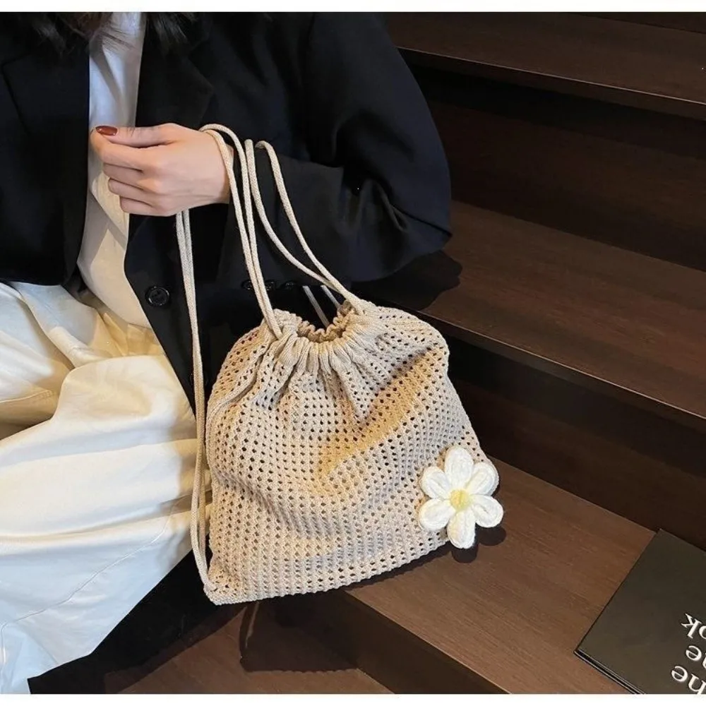 Fashion Large Capacity Crochet Backpack Solid Color Lightweight Beach Tote Bag Hollow Out Knitting Shoulder Bag Women