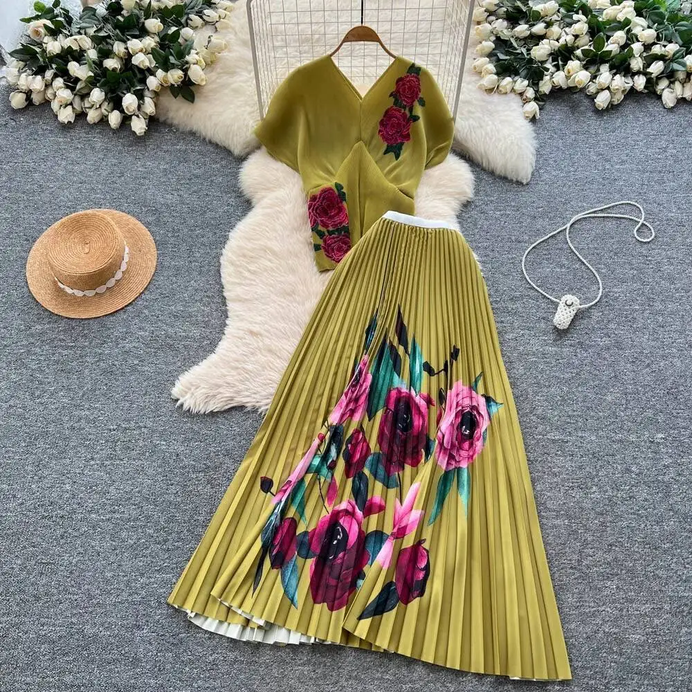 

Chic Vintage short sleeve print Elegant High Waist Korean Fashion Vestidos Two Piece Set women clothing