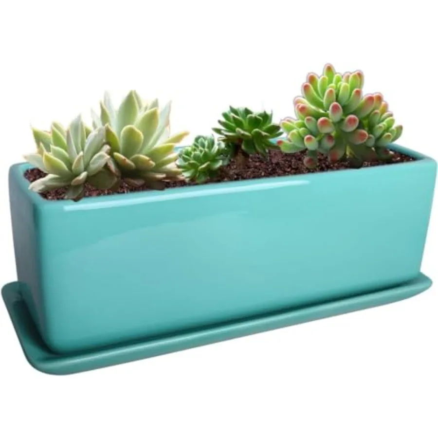 Rectangular Modern Minimalist Ceramic Succulent Planter Pot - Window Box with SaucerOffice Desktop Potted Stand VF-0173T