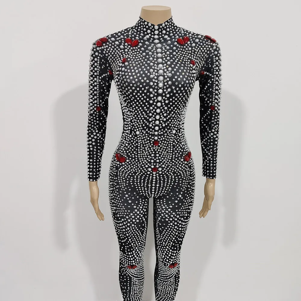 Women Sparkly Rhinestones Pearl Tight Jumpsuit for Celebrity Birthday Luxury Evening Party Rompers Bar Singer Stage Show Costume