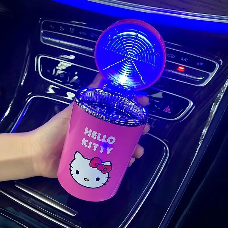 Kawaii Sanrio Hello Kitty Personality Led Light-Up Car Ashtray with Cover Anime Car Decoration for Men and Women Holiday Gifts