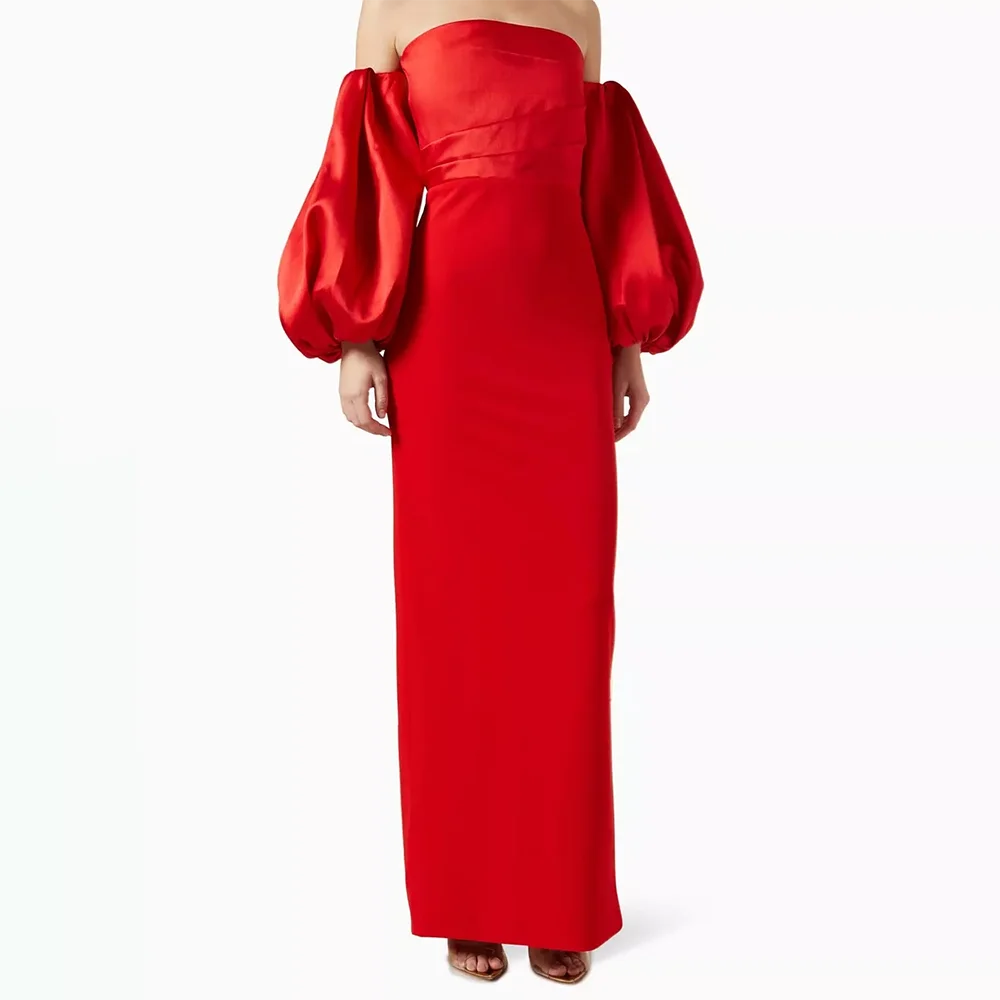 

Red Evening Dress Strapless Puff Sleeves Column Women's Evening Gowns Maxi Back Split Simple Formal Party Dresses Customized