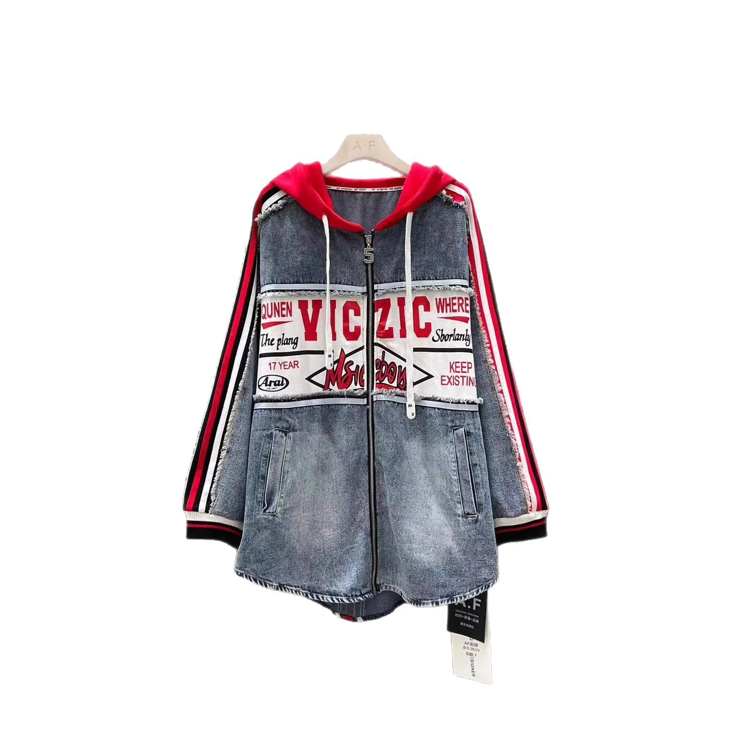 2025 Autumn Ne Denim Jacket Women Fashion Unique Color Blocking Hooded Coats Letter Print Striped Mid-Length Jacket Street Style