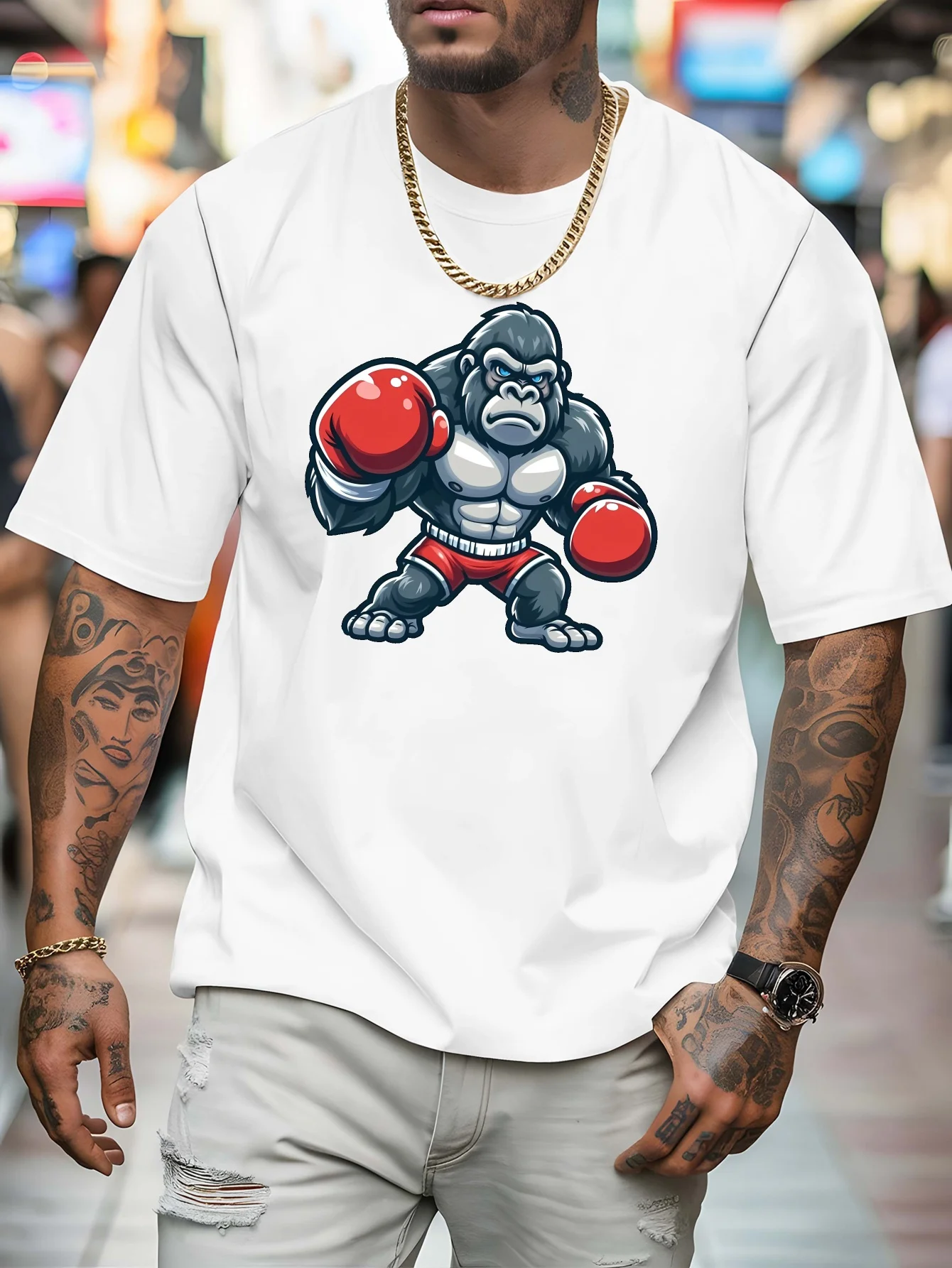 Boxer Gorilla Print Mens T Shirt Cartoon Animal Fighter Short Sleeve Crew Neck Cotton Tee Boxing Sports Casual Daily Top