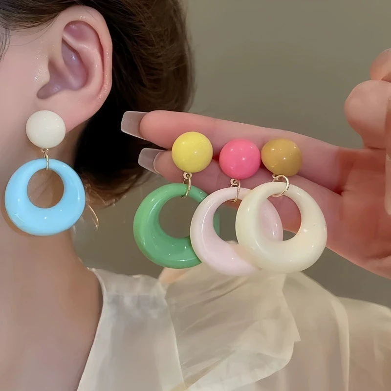 Contrast Color Circles Round Drop Earrings for Women Resin Candy Dopamine Hyperbole Korean Acrylic Daily Jewelry Christmas Gift