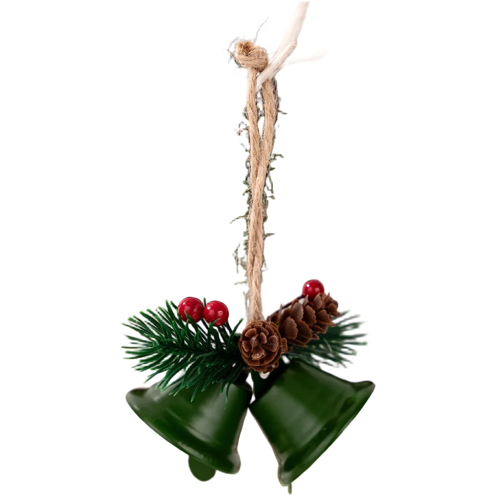 Simulated Pinecone Double Bell Pendant Christmas Hanging Decoration with Hemp Rope for Tree and Home Iron Material