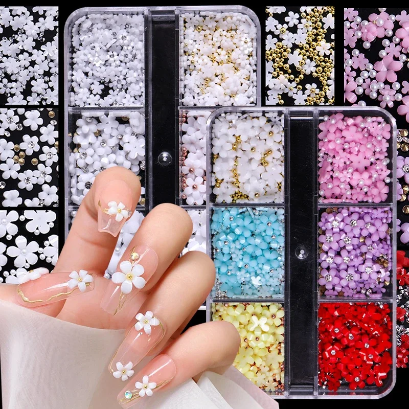 6Grids 3D Macaron Resin Five-petal Flowers Nail Art Deaoration Kawaii Resin Mixed Small Nail Ball/Crystal/Flamer Accessories DIY