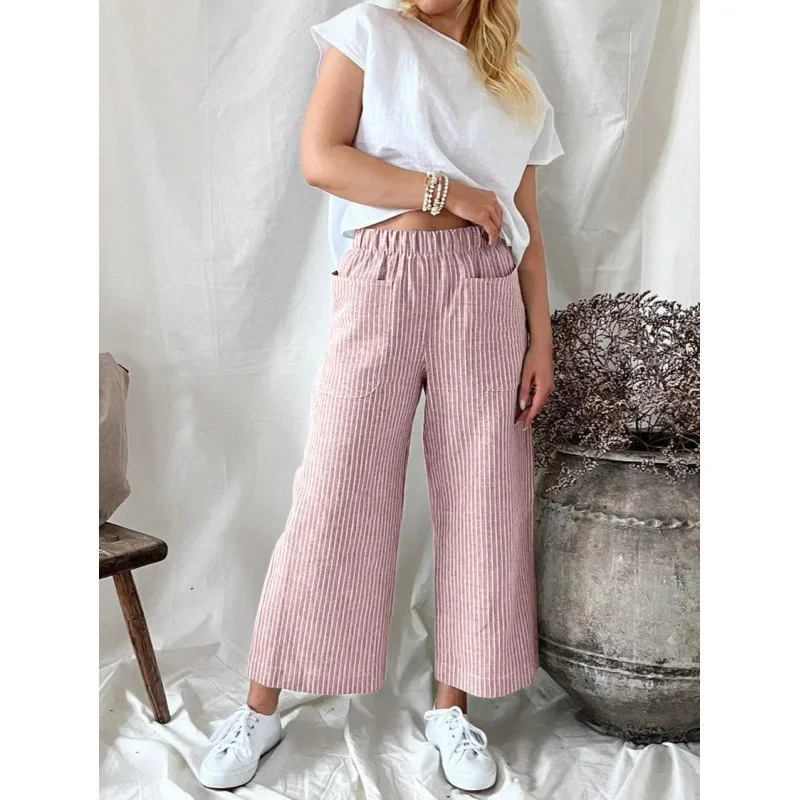 Casual Striped High Waist Straight Leg Pants for Women Long Leisure Trousers Ladies Faion Summer Print Other Material