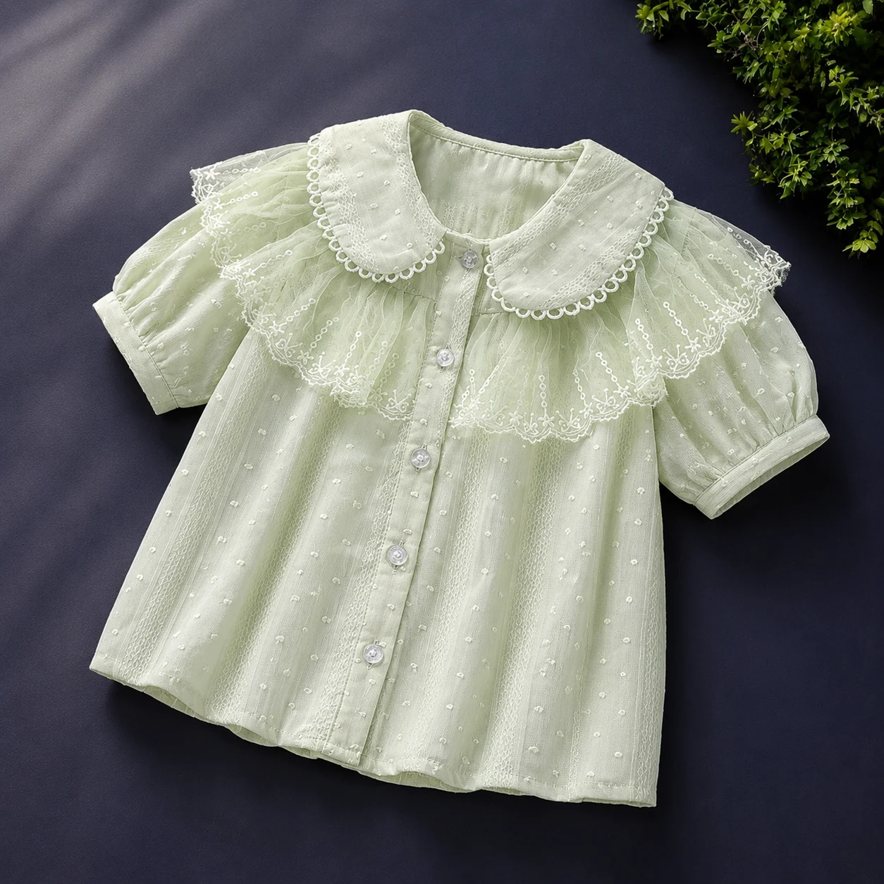 Girls Blouse Lace Double Peter Pan Collar Puff Sleeve Preppy Tops For Girls Back To School Button Shirt Kids Clothes 6-13 Years