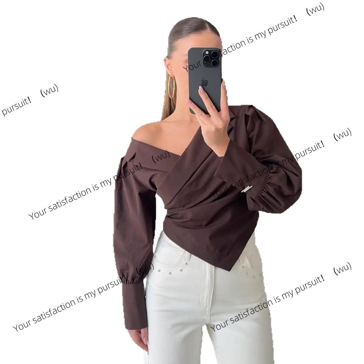 Atasan mewah berlengan panjang dengan desain leher V tanpa bahu, bergaya romantis Prancis untuk awal musim gugur.