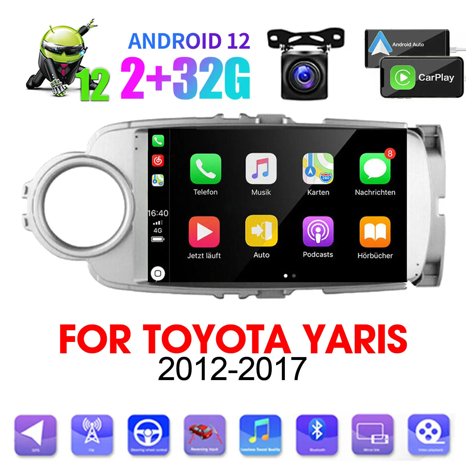 

9 Inches Android 13 Car Stereo Radio GPS Player CarPlay 2+32G Compatible for 2012-17 Toyota Yaris