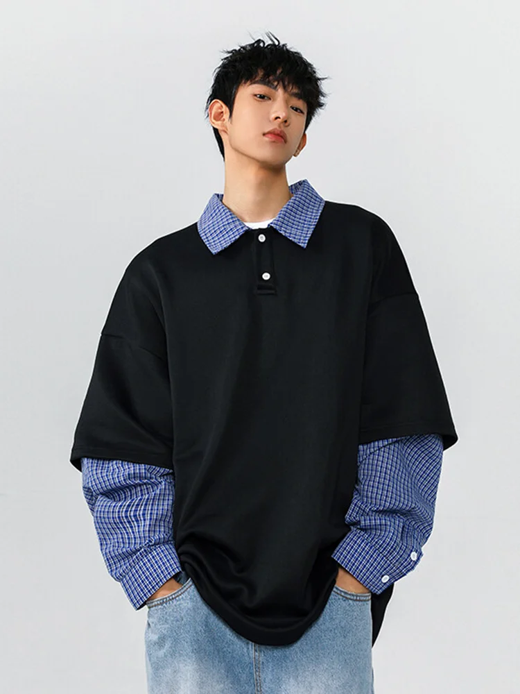 

Men's Loose Long Sleeve Hoodie Spring Autumn Plaid Patchwork Henry Collar T-Shirt Comfortable Breathable Anti-Wrinkle Deforma...