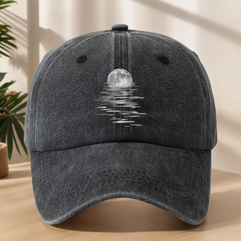 

MAKEFGE Vintage Washed Soft-Top Cap with Moon & Starry Night Sky Print - Breathable Washed Baseball Hat Suitable for Outdoor, Ca