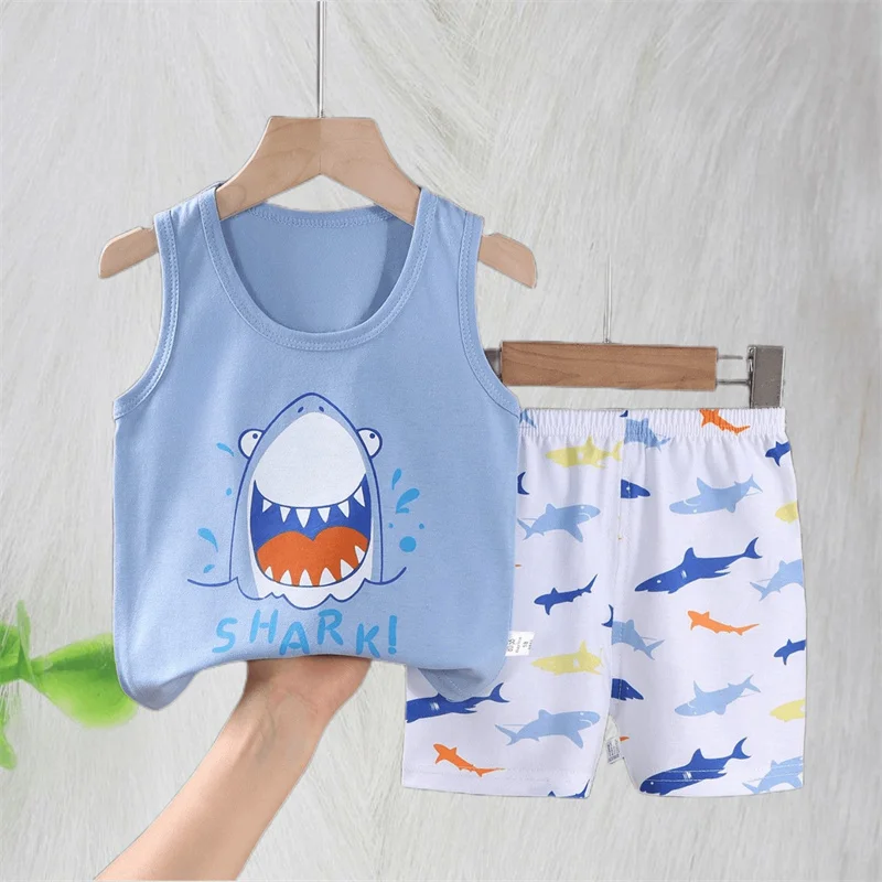 Cartoon Shark Vest+Shorts 2-Piece Clothing Set Pajamas Summer Kids Baby Boys Girls Cotton Casual Tracksuit Clothes Suit 0-6 Y