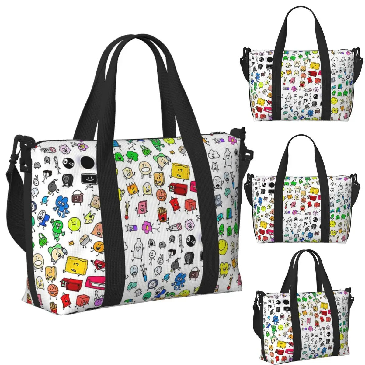 

BFDI All Characters (Transparent) Beach Travel Bag Large Capacity Tote Bags for Gym Yoga Women Shopping Duffle Shoulder Bag