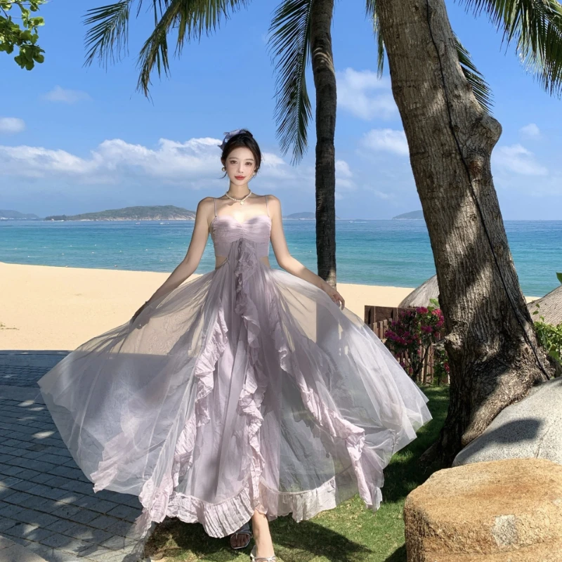 

French Temperament Purple Mesh Strapless Suspender Long Skirt Summer New Fashionable Island Vacation Style Beach Skirt for Women
