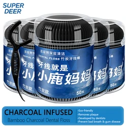50Pcs Fawnmum Dental Cleaning Bamboo Charcoal Dental Floss Picks Barreled Interdental Brush For Teeth Care Toothpicks With Threa