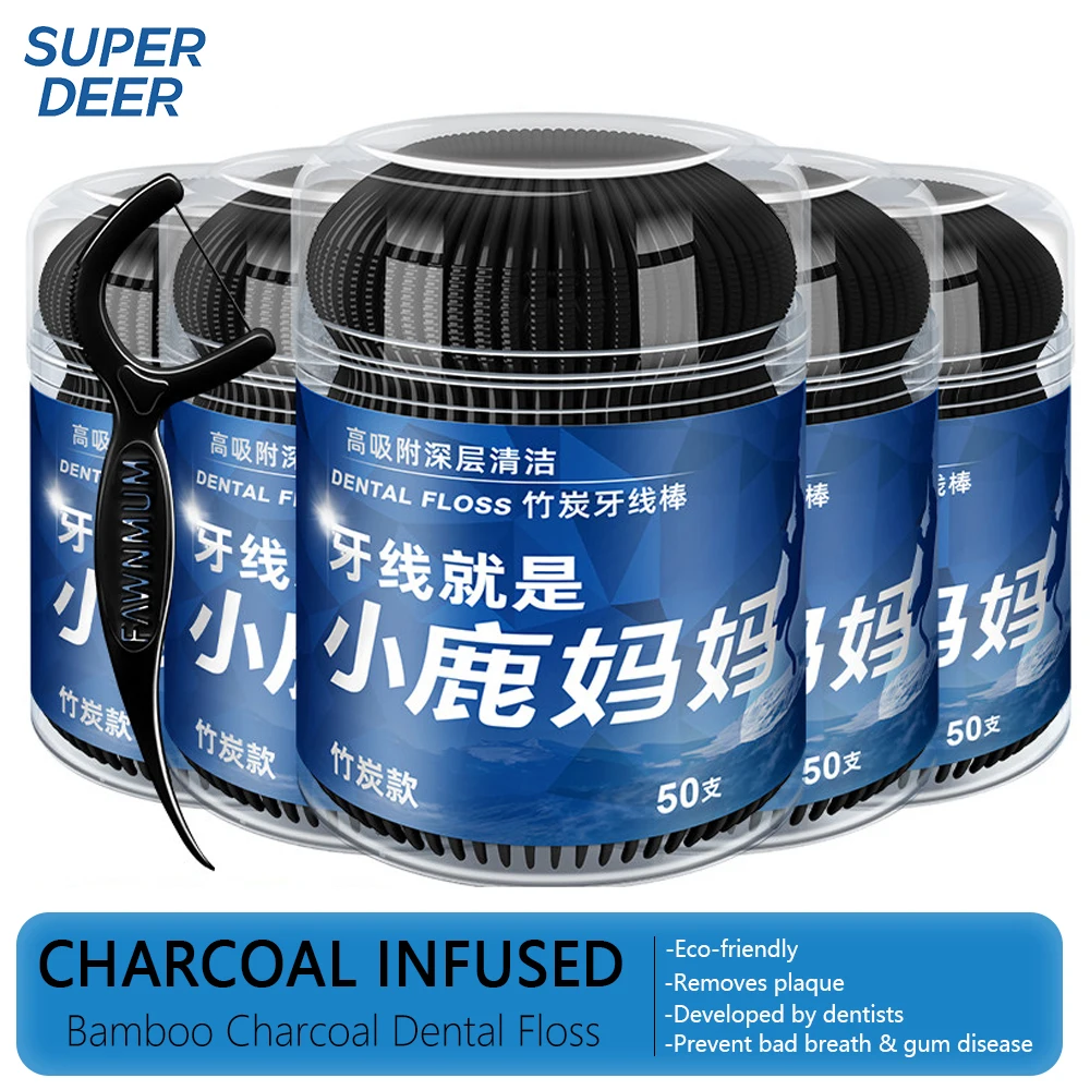 50Pcs Fawnmum Dental Cleaning Bamboo Charcoal Dental Floss Picks Barreled Interdental Brush For Teeth Care Toothpicks With Threa