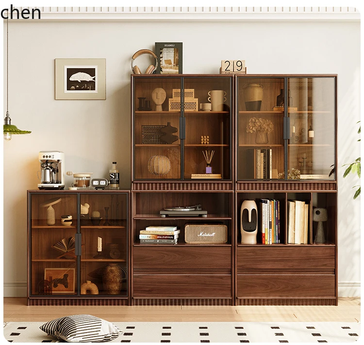 

HXL Solid Wood Combination Bookcase Black Walnut Glass Modular Locker with Card Holder