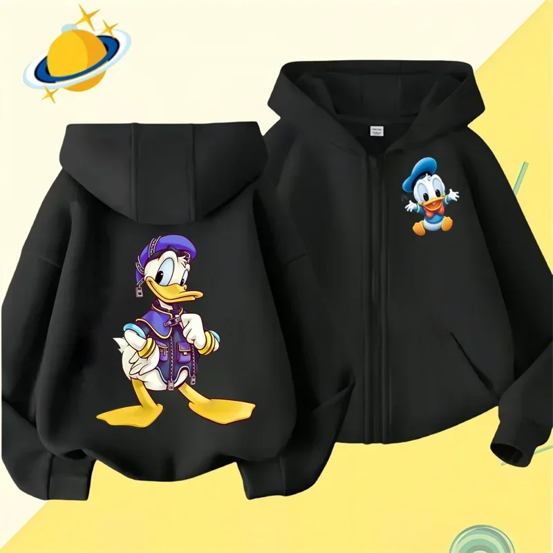 Donald Duck Kids Zipper hoodie Cartoon Print Disney Fall Winter Long sleeved sweatshirt Casual top Boys girls Kawaii clothing