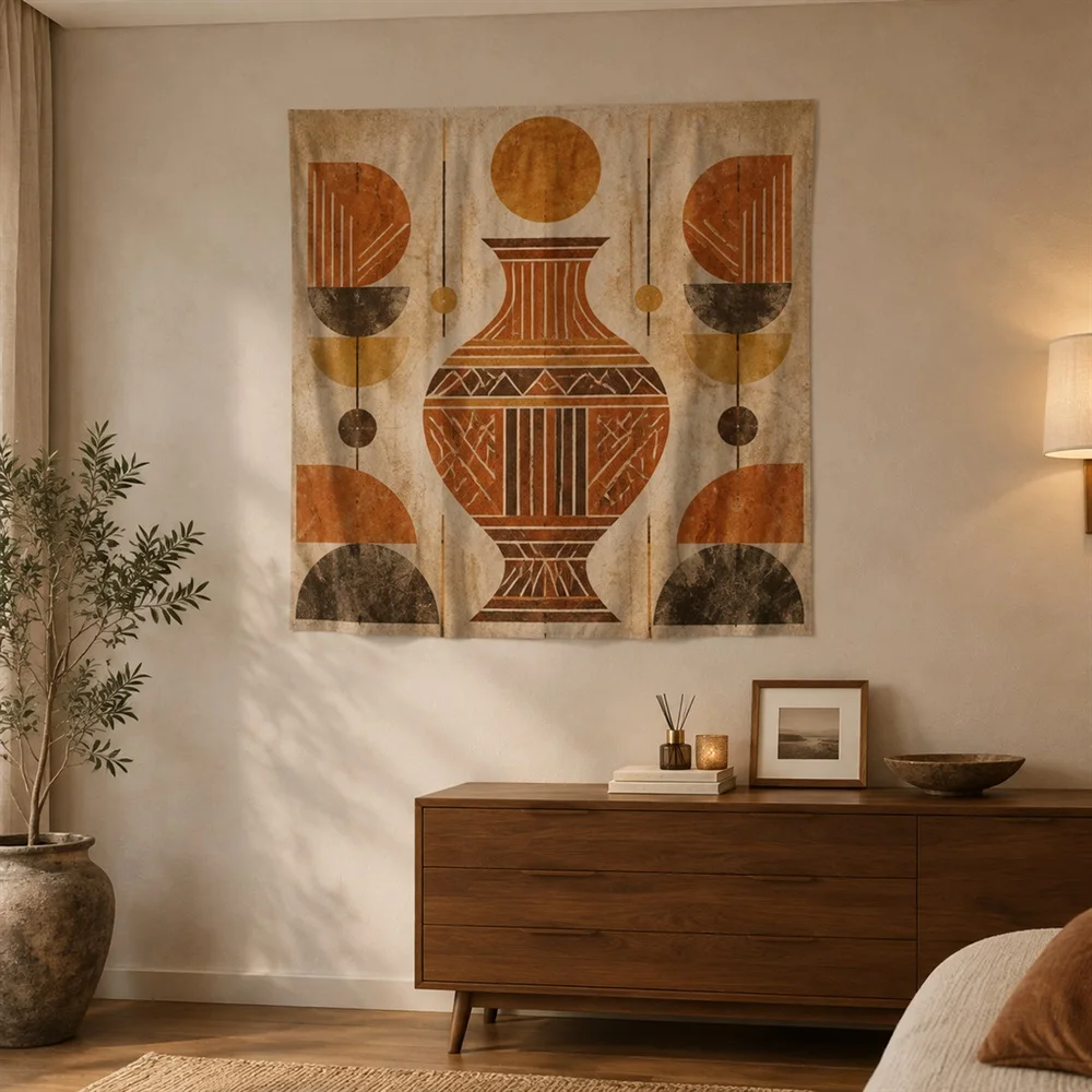 VIKAMA Ceramic Carved Pattern Mirror Symmetric Tapestry Wall Hanging, Wabi Sabi Wall Decor Tapestries for Living Room Bedroom