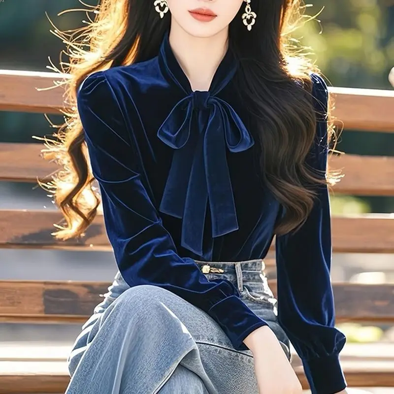 Fashionable and High-end Blue Bow Long Sleeved Velvet Shirt for Women in Autumn and Winter Stylish Interior