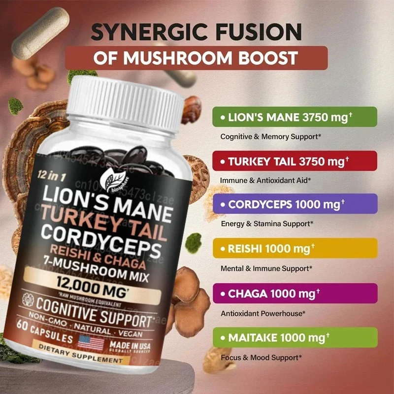 

Грибная добавка - Lion Mane Турция Tail Chaga Cordyceps Reishi Mushroom Meshima Tremella Oyster Agaricus - 12000 мг капсул