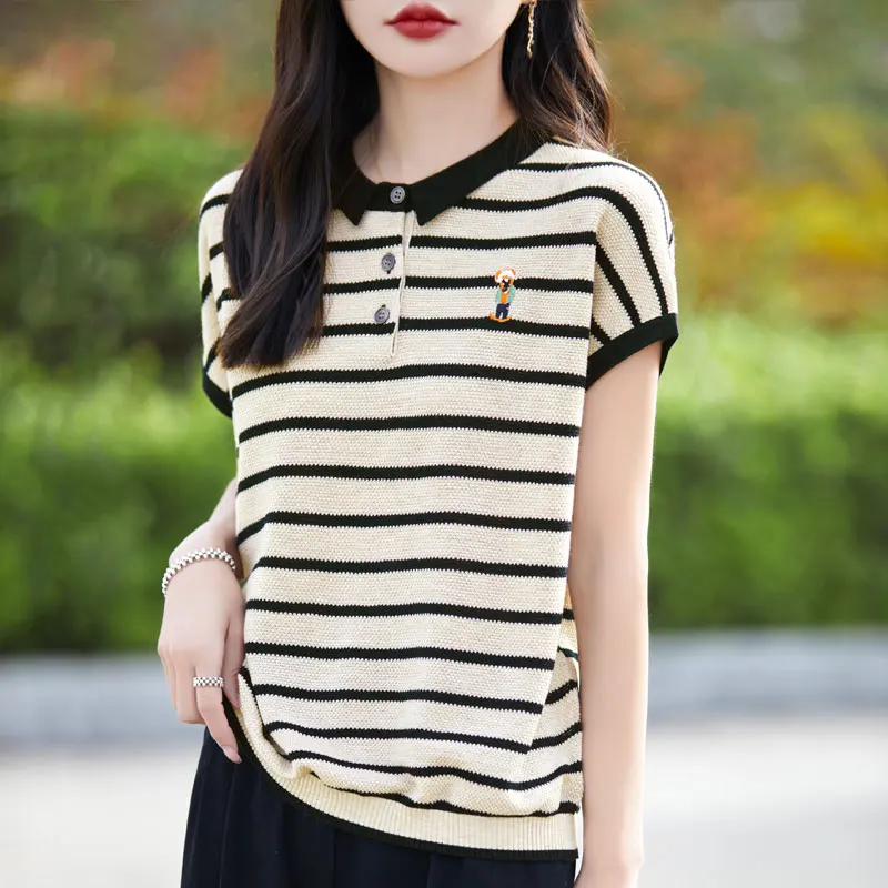 Summer New Knitted Short Sleeved Women's Doll Neck With Fine Lmitation Wool Loose Embroidered Stripes Temperament Short Sleeves