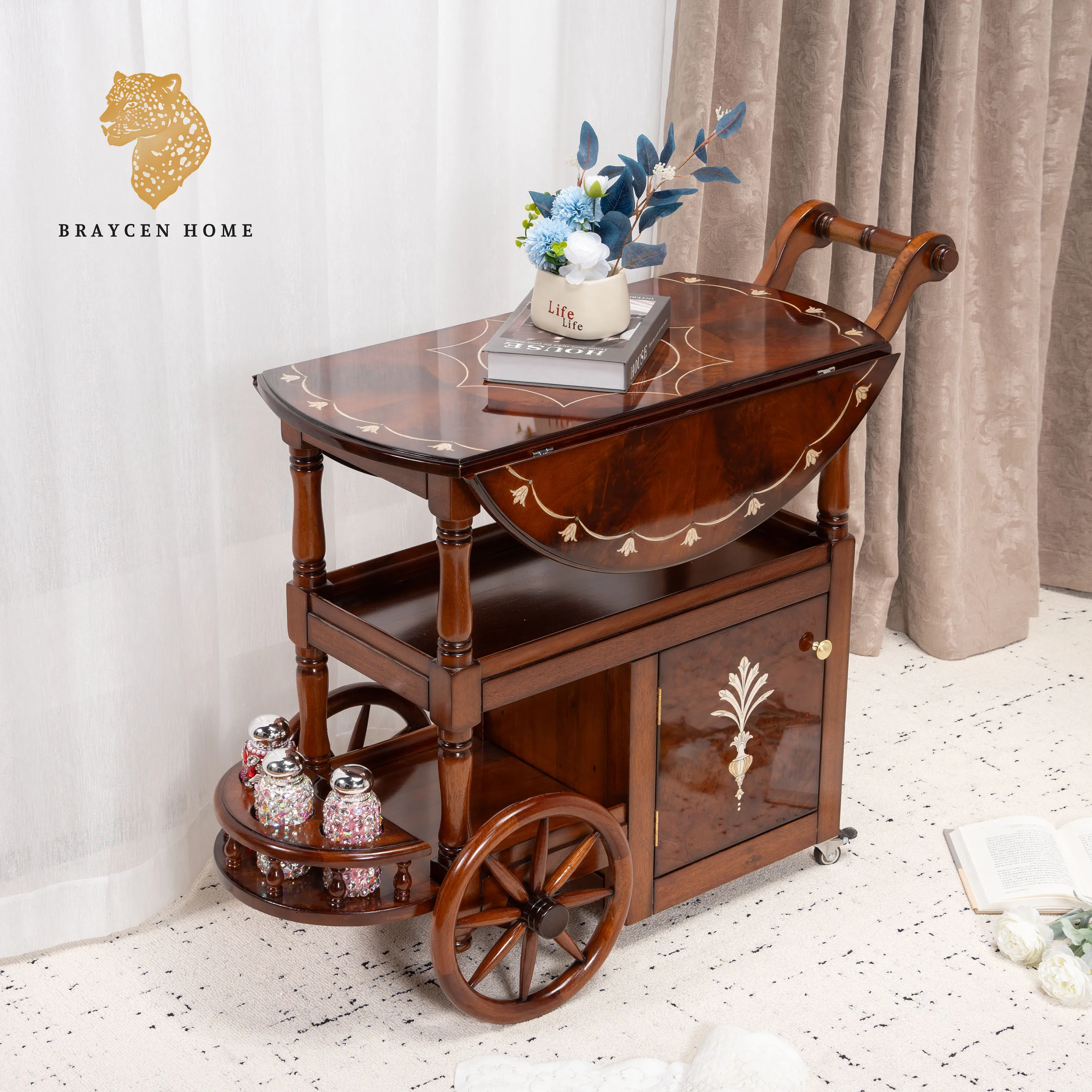 2 Tier Coffee Table Trolley Luxury Dining Middle East Trolley with Wheels Medieval Utility Cart for Hotel Restaurant Wine Car