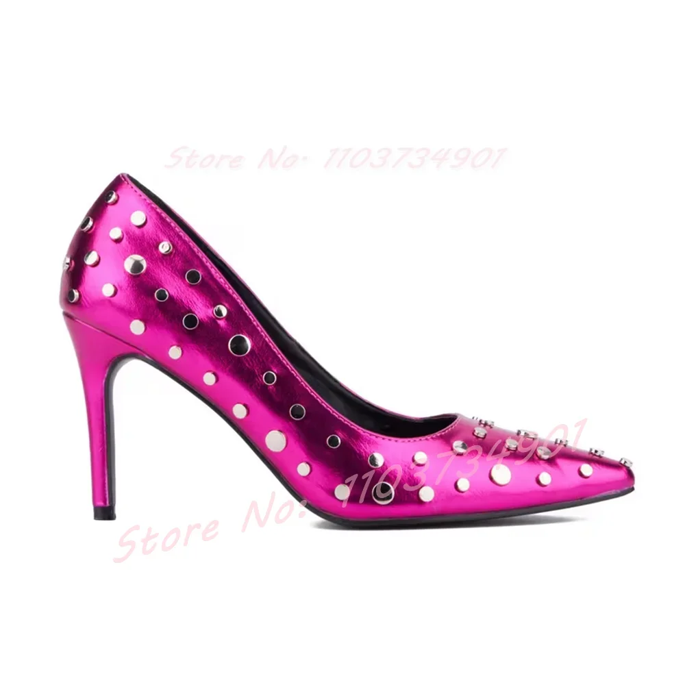 

Rivets Metallic Leather Pumps Women Sexy Rose Red Pointy Toe Slip-on Stiletto High Heel Shoes Female Party Casual Big Size Pumps